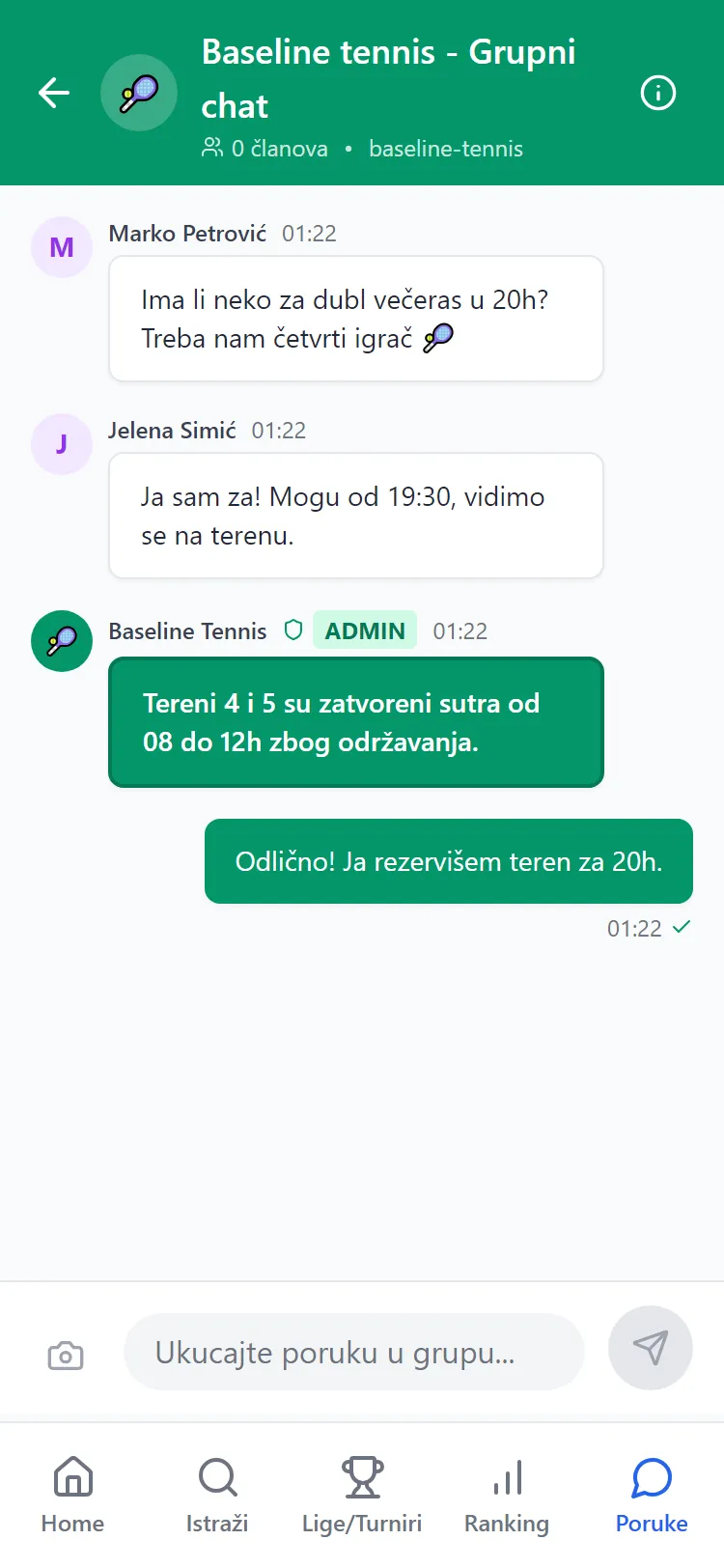 Club group chat thread with an admin announcement