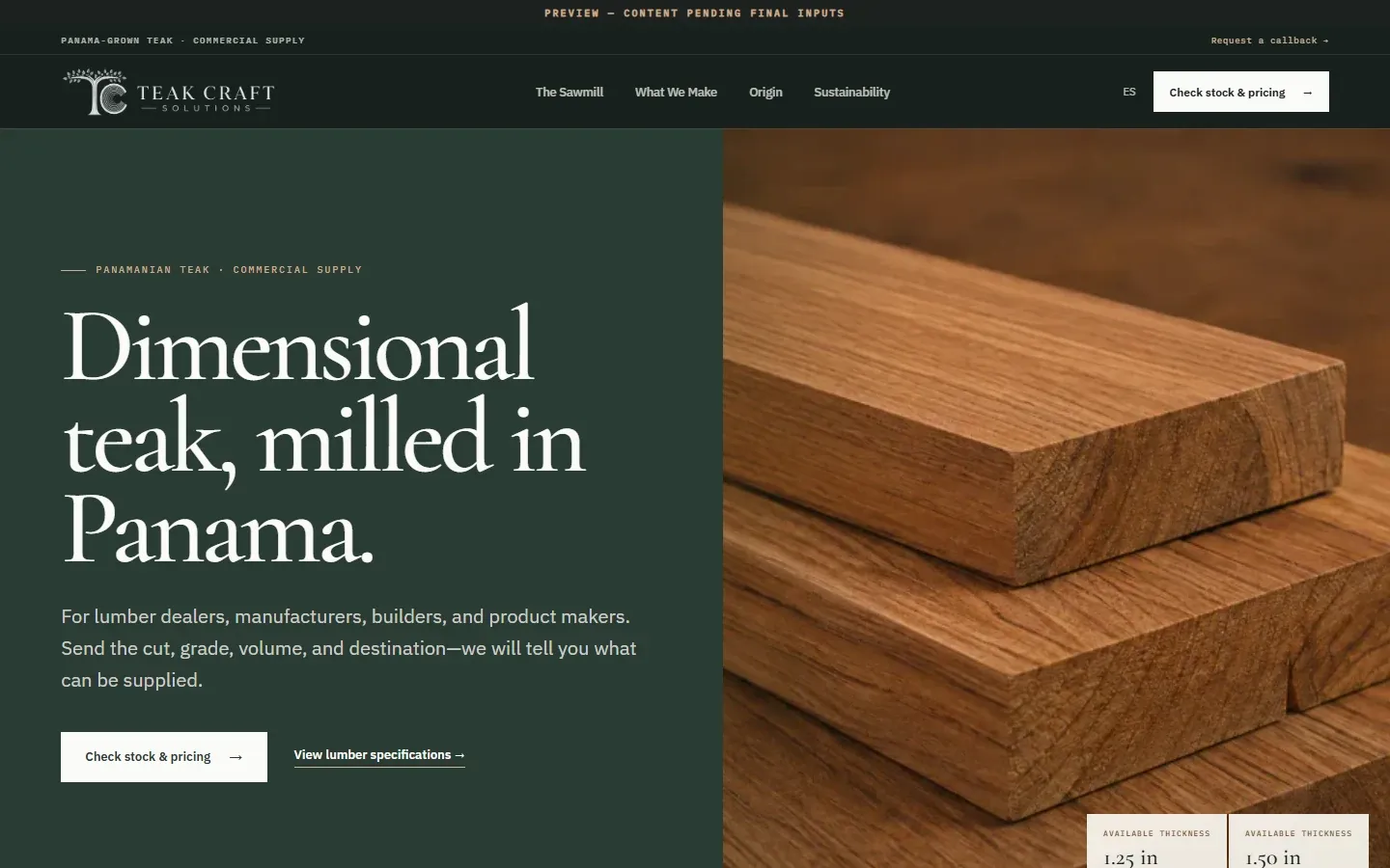 Teak Craft Solutions homepage: dimensional teak, milled in Panama