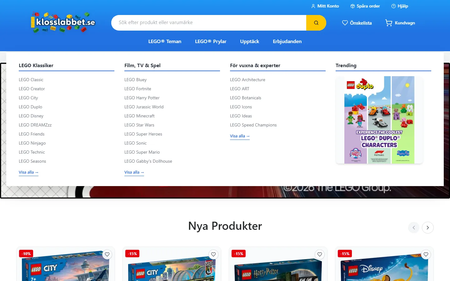 Klosslabbet mega menu with themes grouped