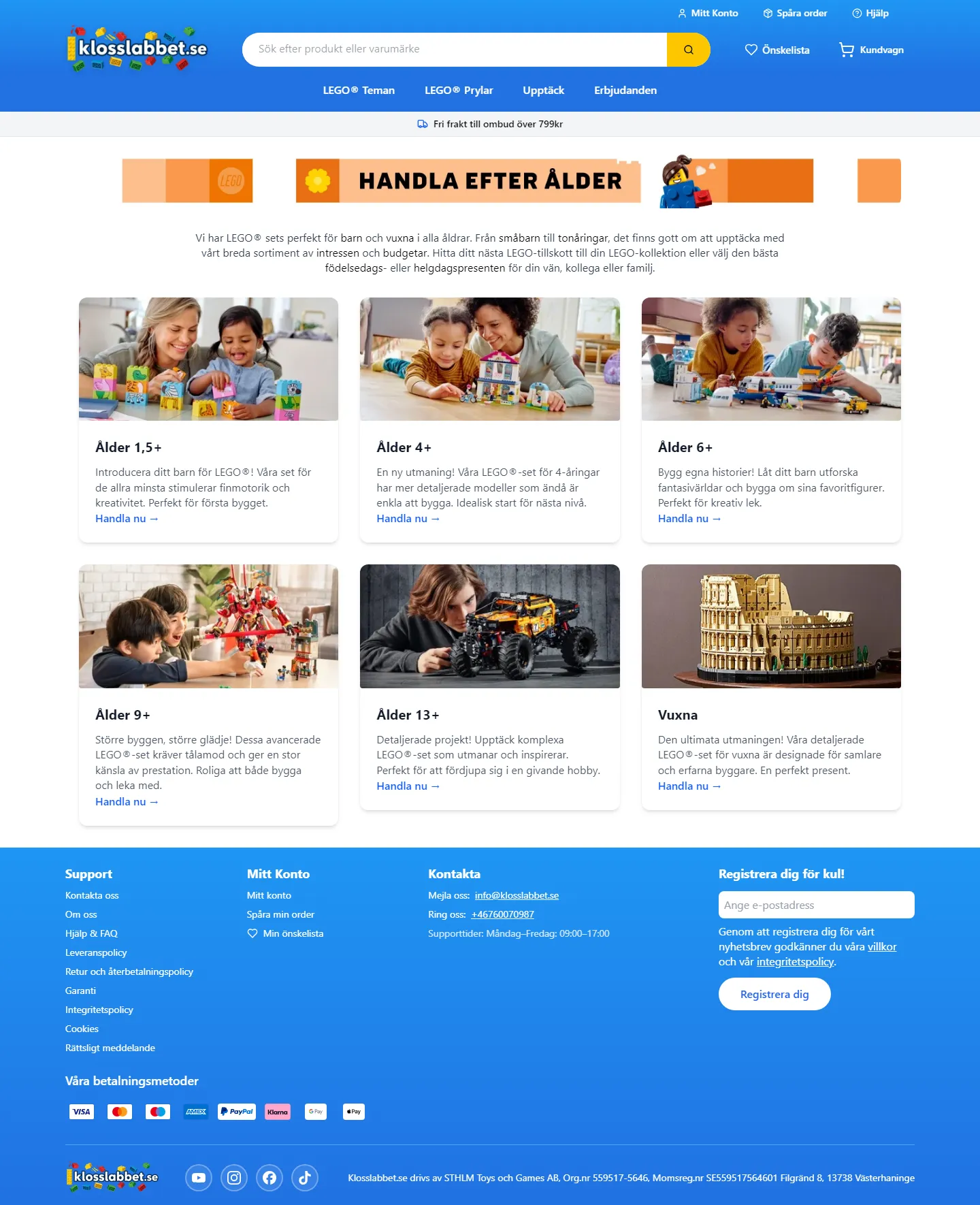 Klosslabbet shop-by-age landing page