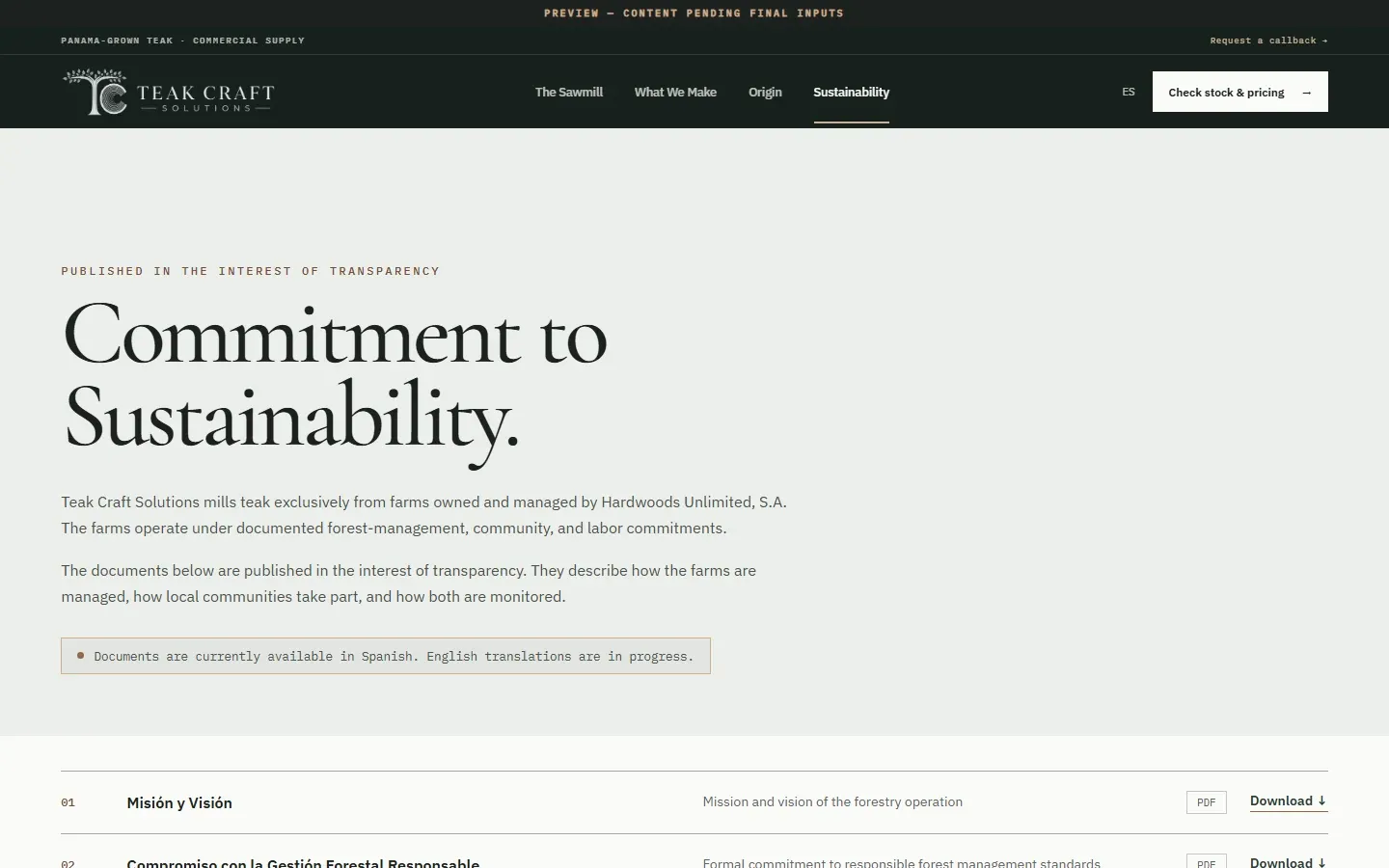 Teak Craft Solutions sustainability page on plantation sourcing