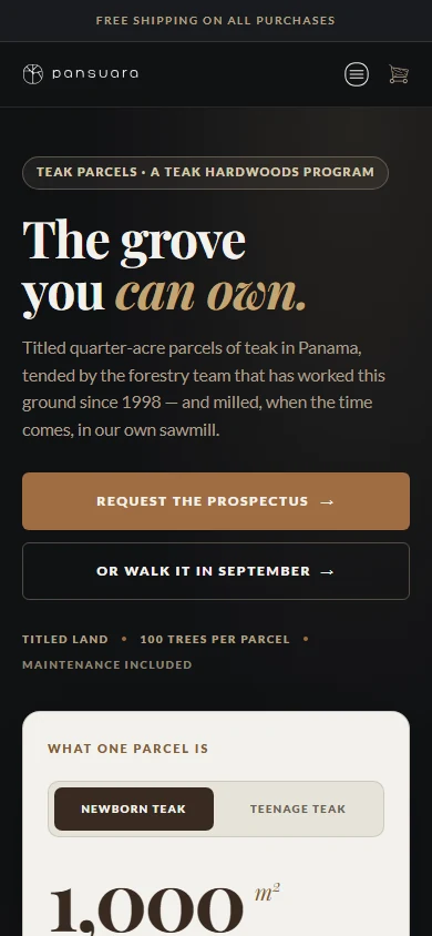 Current Teak Parcels mobile page
