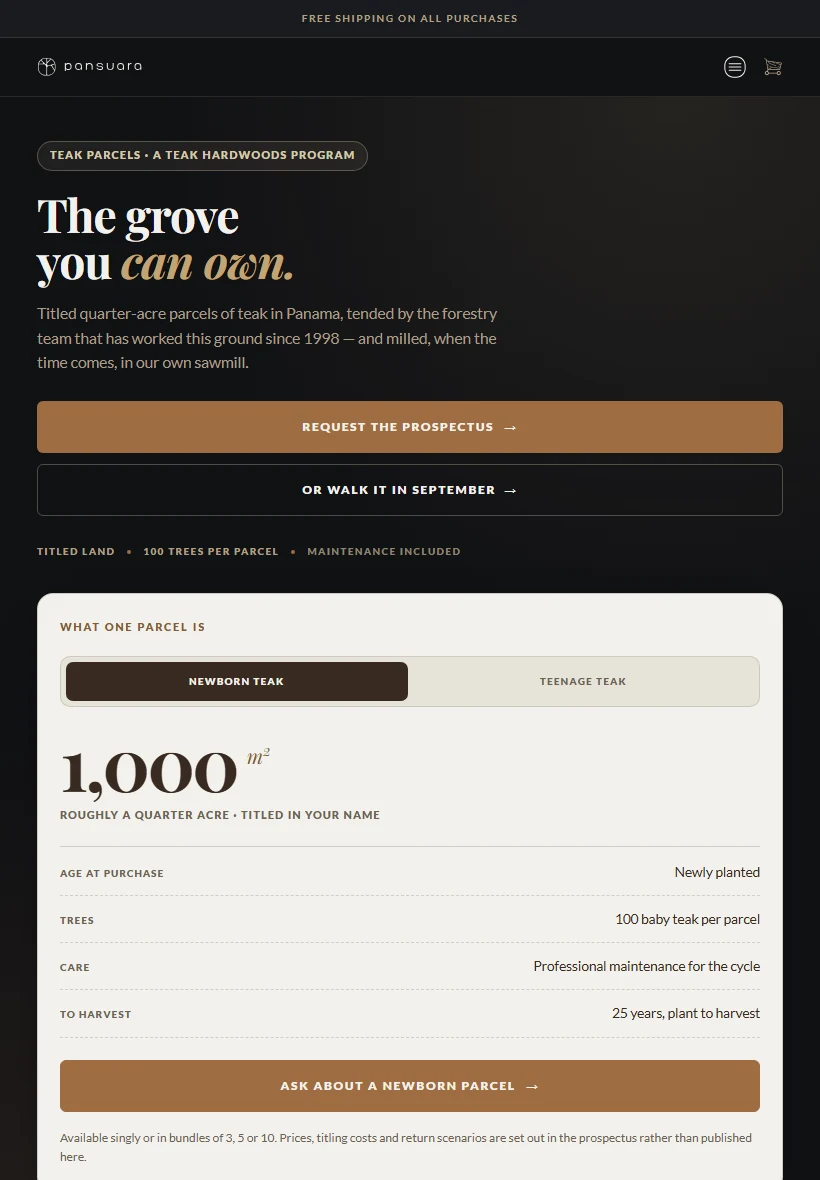 Current Teak Parcels production landing page — tablet
