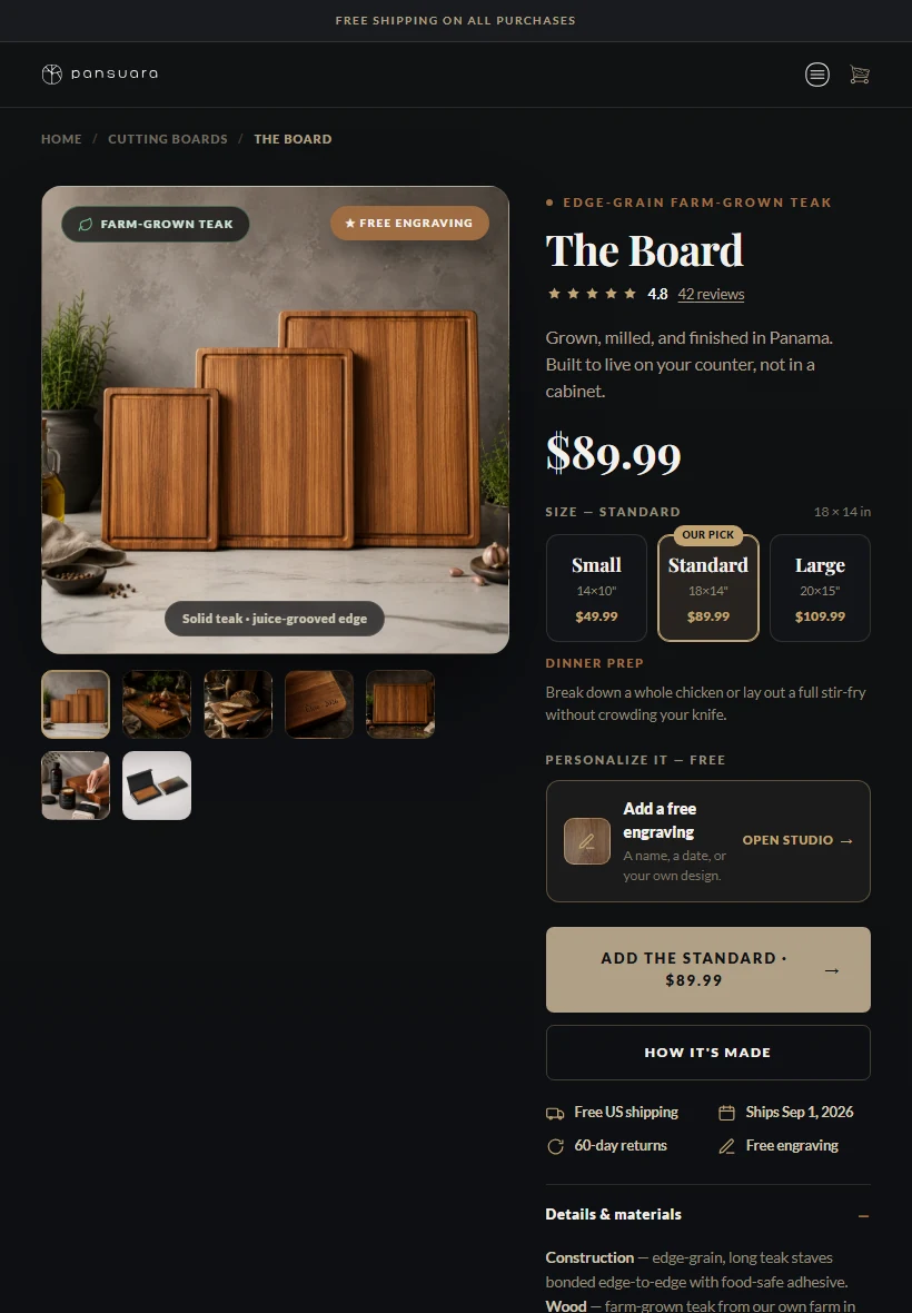 Current Pansuara production product detail page for The Board — tablet