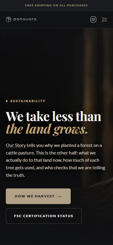 Current Pansuara production sustainability page — mobile