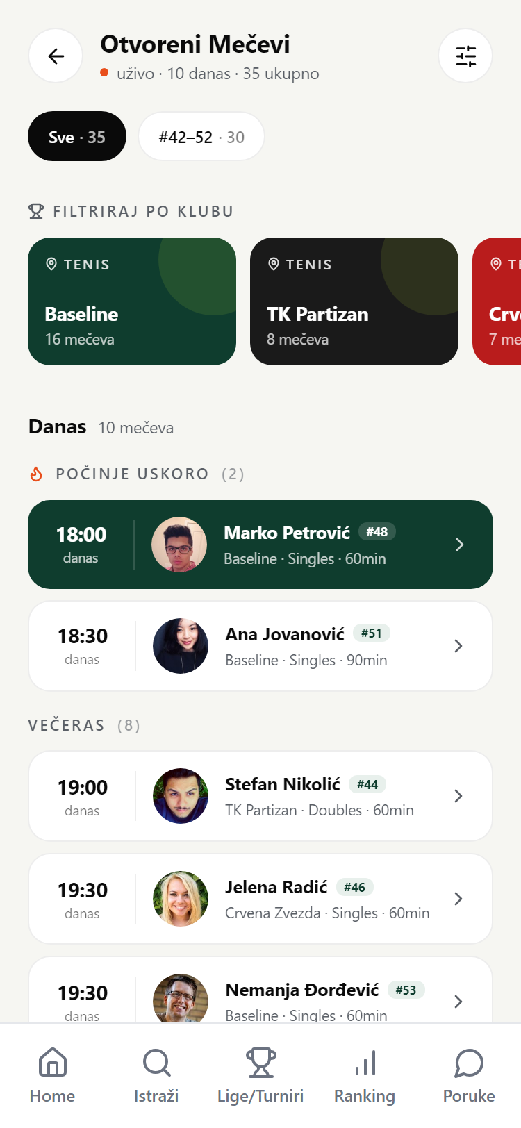 Open matches — rating band, clubs, time grouping