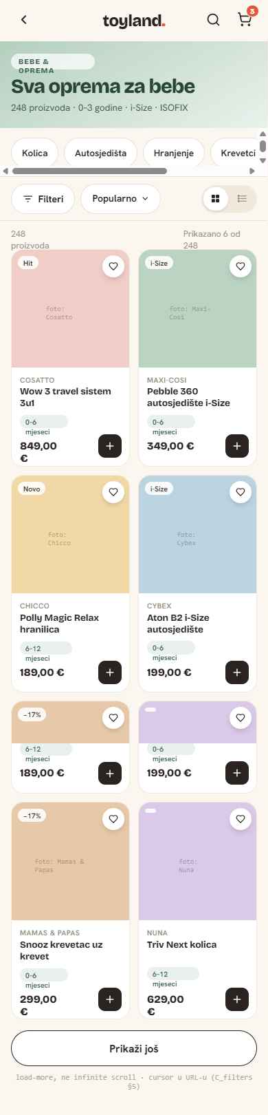 Toyland category page — mobile design